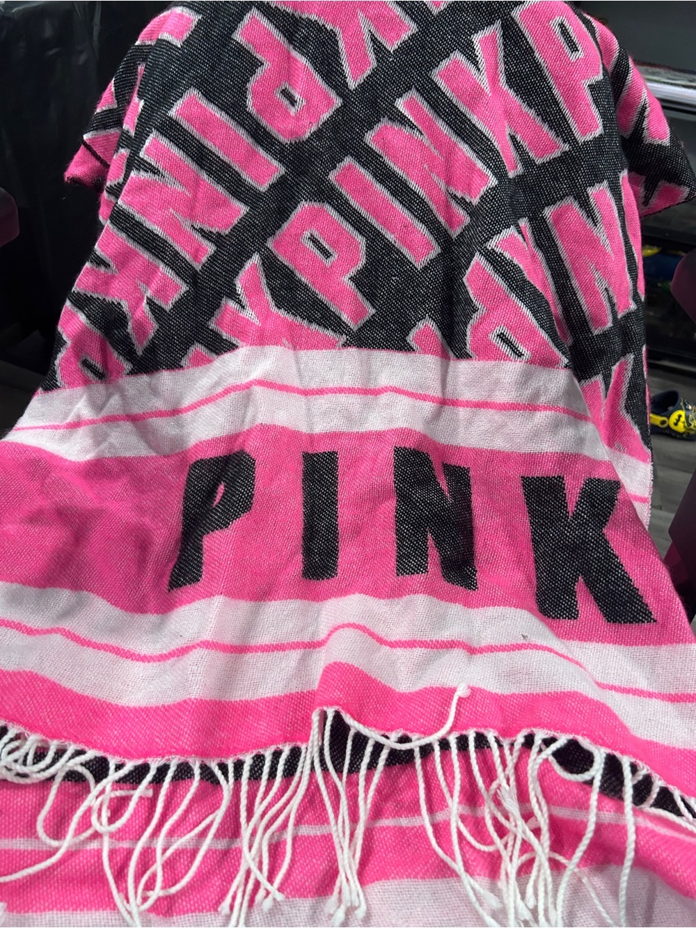 PINK Victoria's Secret Pink and Black Logo Fringe Scarf Wrap